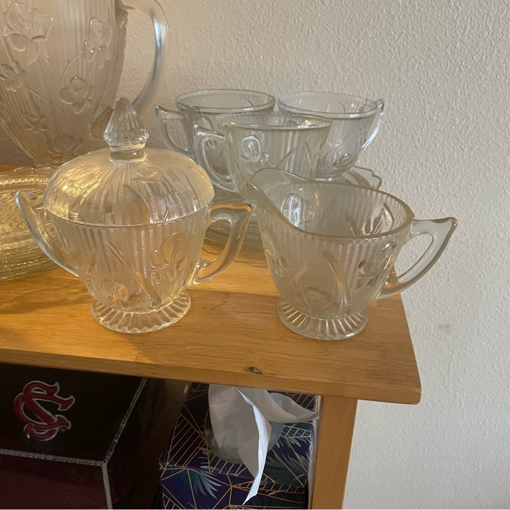 Iris and Herringbone Depression Glass - sugar and creamer set